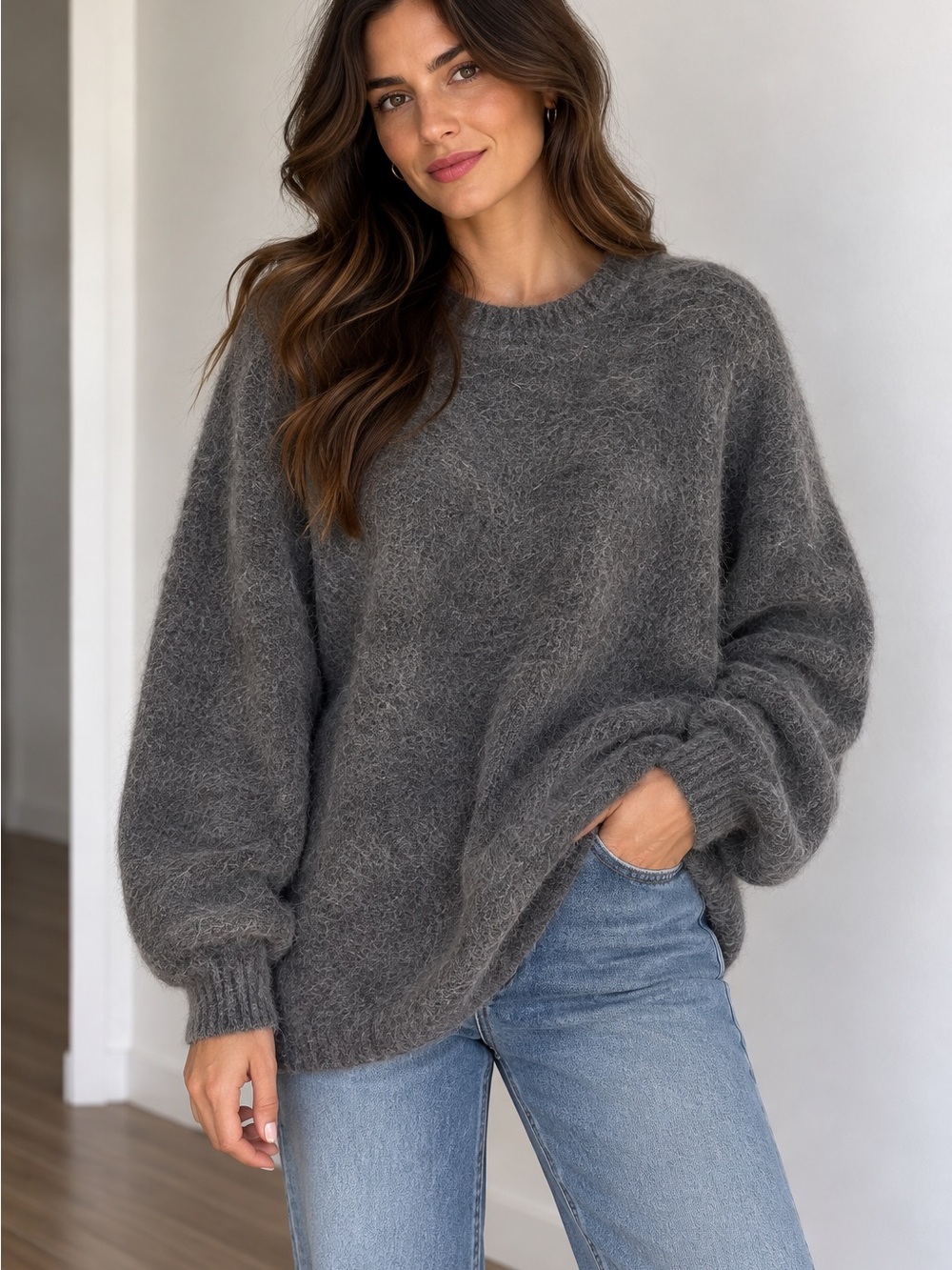 Oversized Mohair/Wool Grey Women's Sweater, Rafaella, Sz S